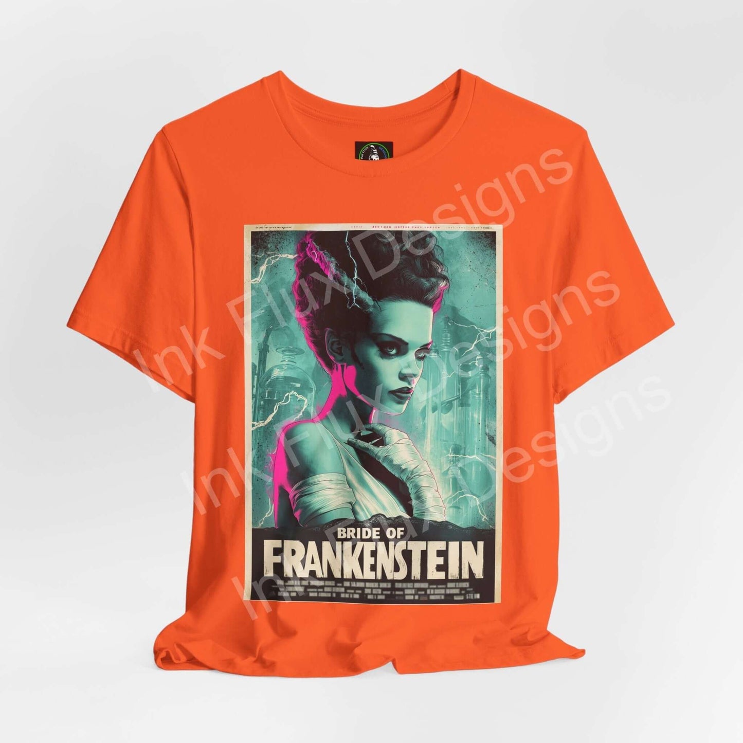 Bride of Frankenstein t-shirt featuring striking graphic art on an orange background by Ink Flux Designs.