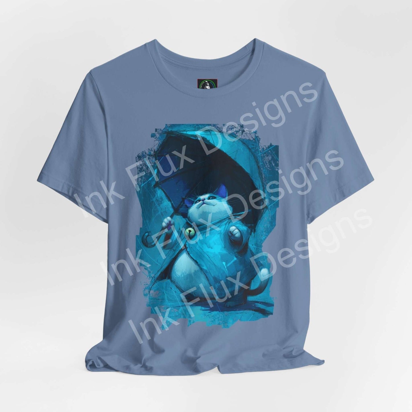 Funny Cat T-Shirt featuring a relaxed cat holding an umbrella, showcasing calmness in chaos.