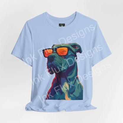 Dog T-Shirt featuring a cool pitbull graphic with sunglasses in vibrant colors on a light blue background.