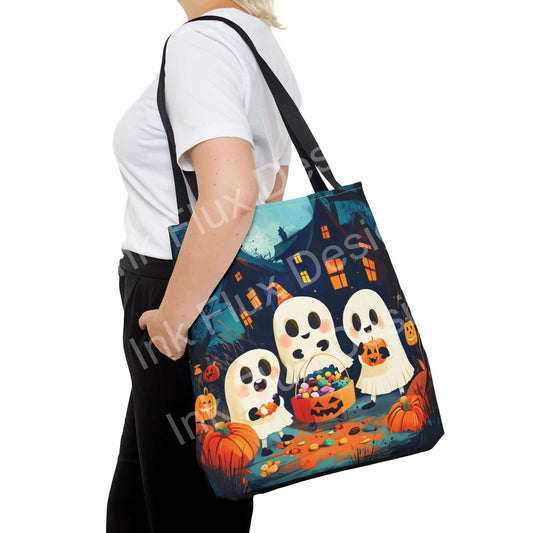 Halloween Tote Bag featuring cute ghost design and Halloween decorations with a spooky theme.