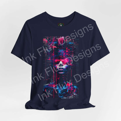 Cyberpunk T-Shirt featuring a neon portrait design, showcasing vibrant colors and futuristic aesthetics.