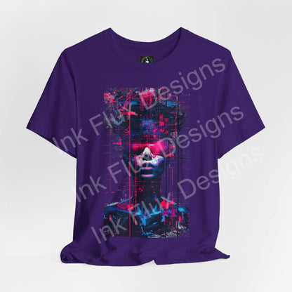 Cyberpunk T-Shirt featuring a futuristic neon portrait graphic on a purple tee.