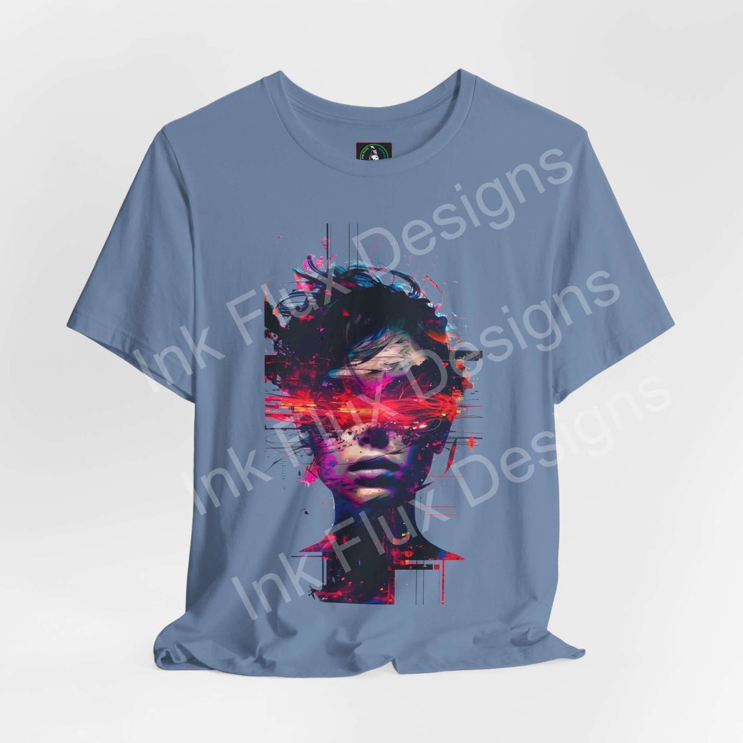 Cyberpunk T-Shirt featuring a futuristic distortion graphic of a fragmented identity in vibrant colors.