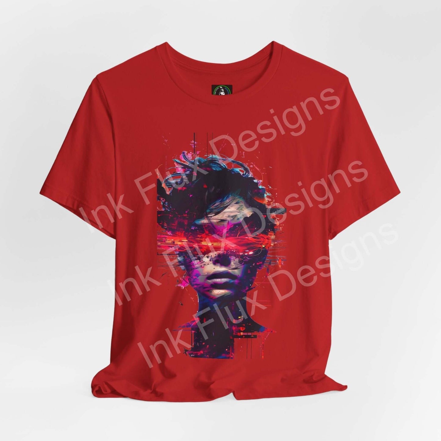 Cyberpunk T-Shirt featuring a glitch art design with vibrant colors on a red fabric.