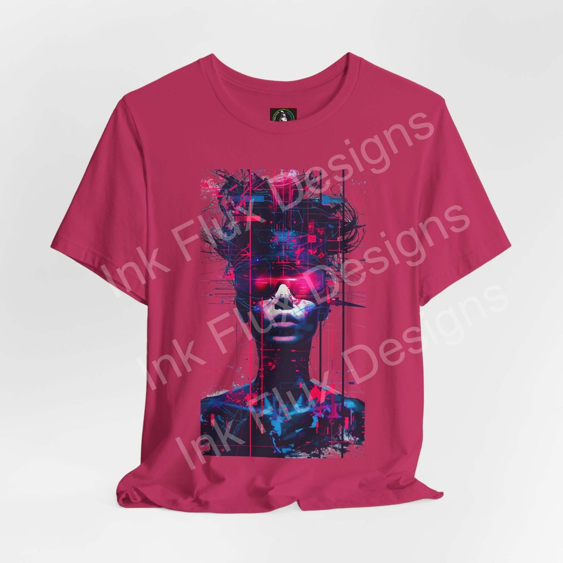 Cyberpunk T-Shirt in pink featuring a neon portrait graphic, showcasing futuristic design and vibrant colors.