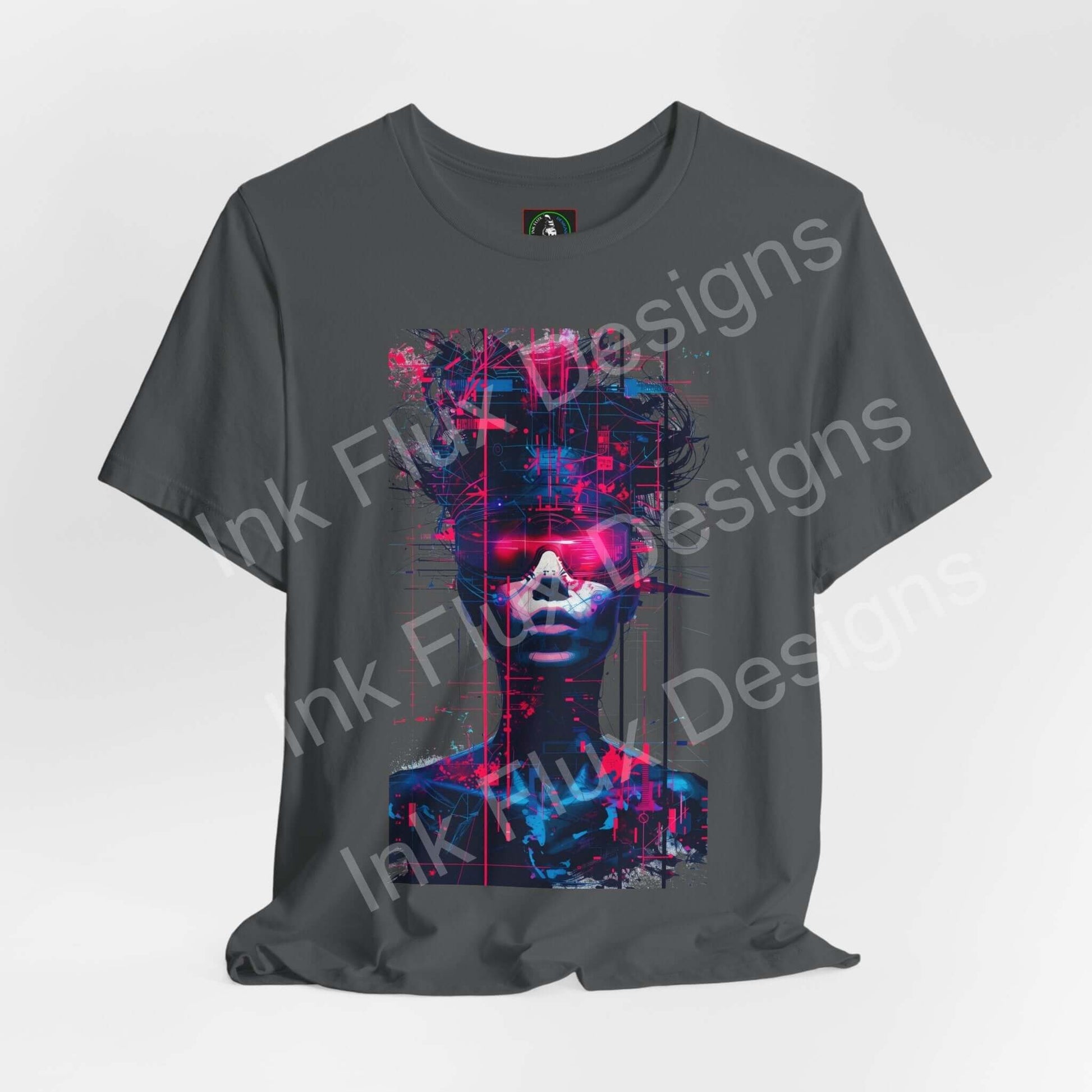 Cyberpunk T-Shirt featuring a futuristic neon portrait graphic in vibrant colors on a gray tee.