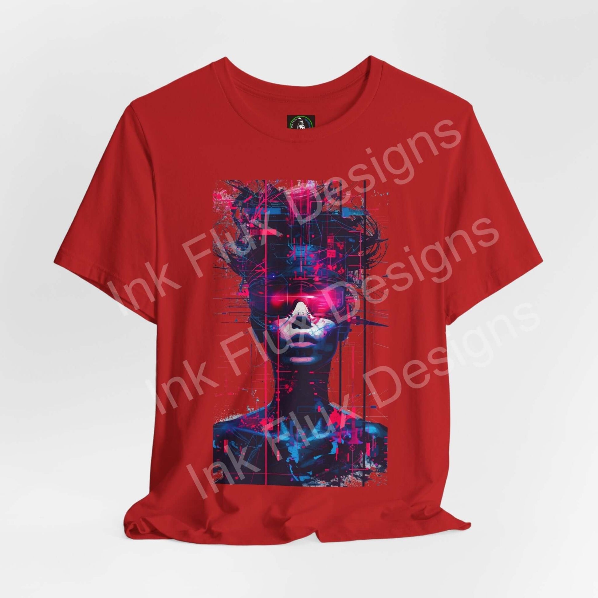 Cyberpunk T-Shirt featuring a neon portrait graphic on a red tee, showcasing futuristic design elements.