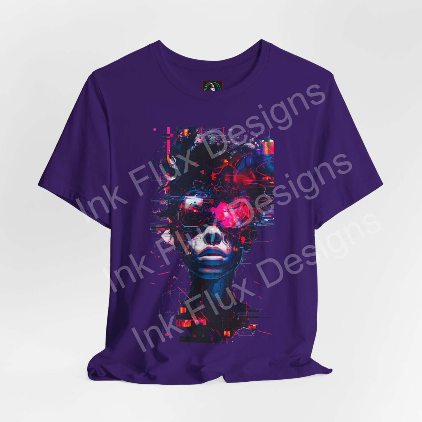 Cyberpunk T-Shirt featuring a futuristic glitch graphic design on a purple tee.