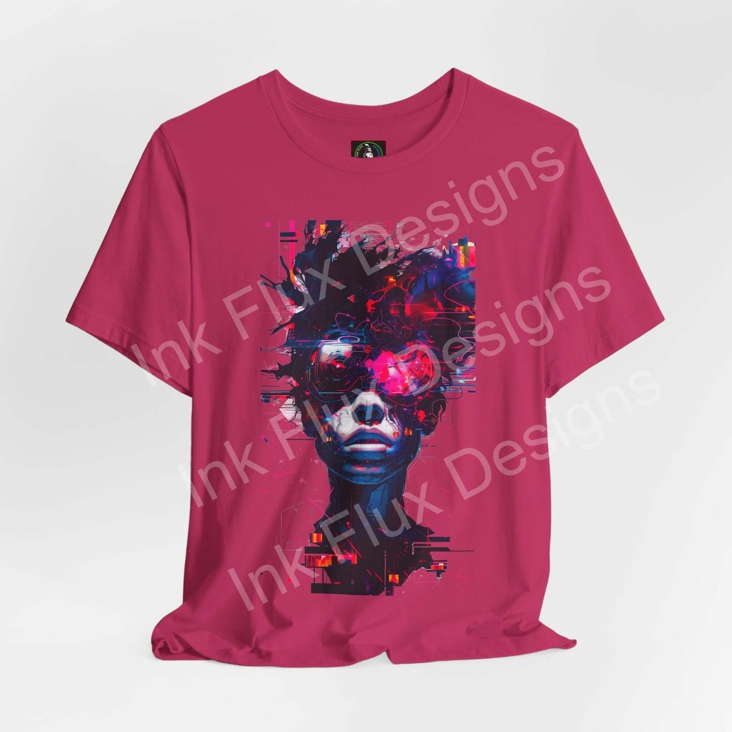 Cyberpunk T-Shirt featuring a glitch graphic design of a futuristic portrait with neon colors and digital interference.