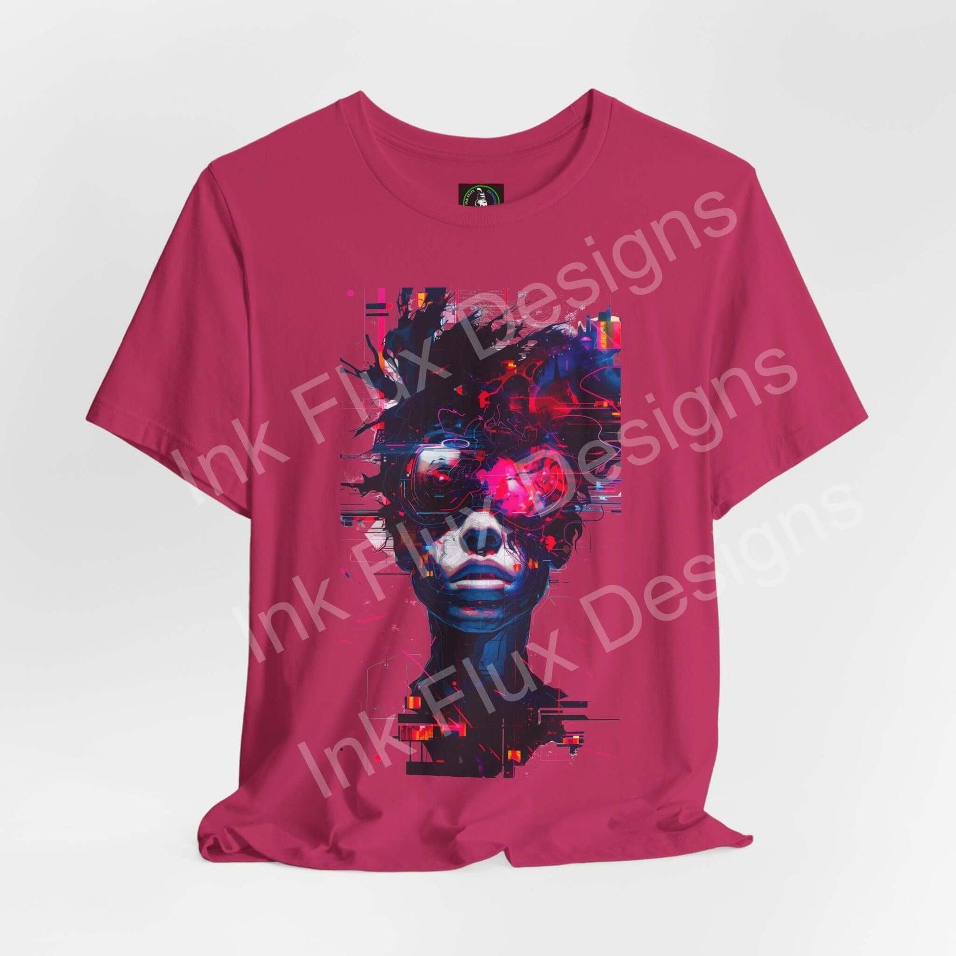 Cyberpunk T-Shirt featuring a glitch graphic design of a futuristic portrait with neon colors and digital interference.
