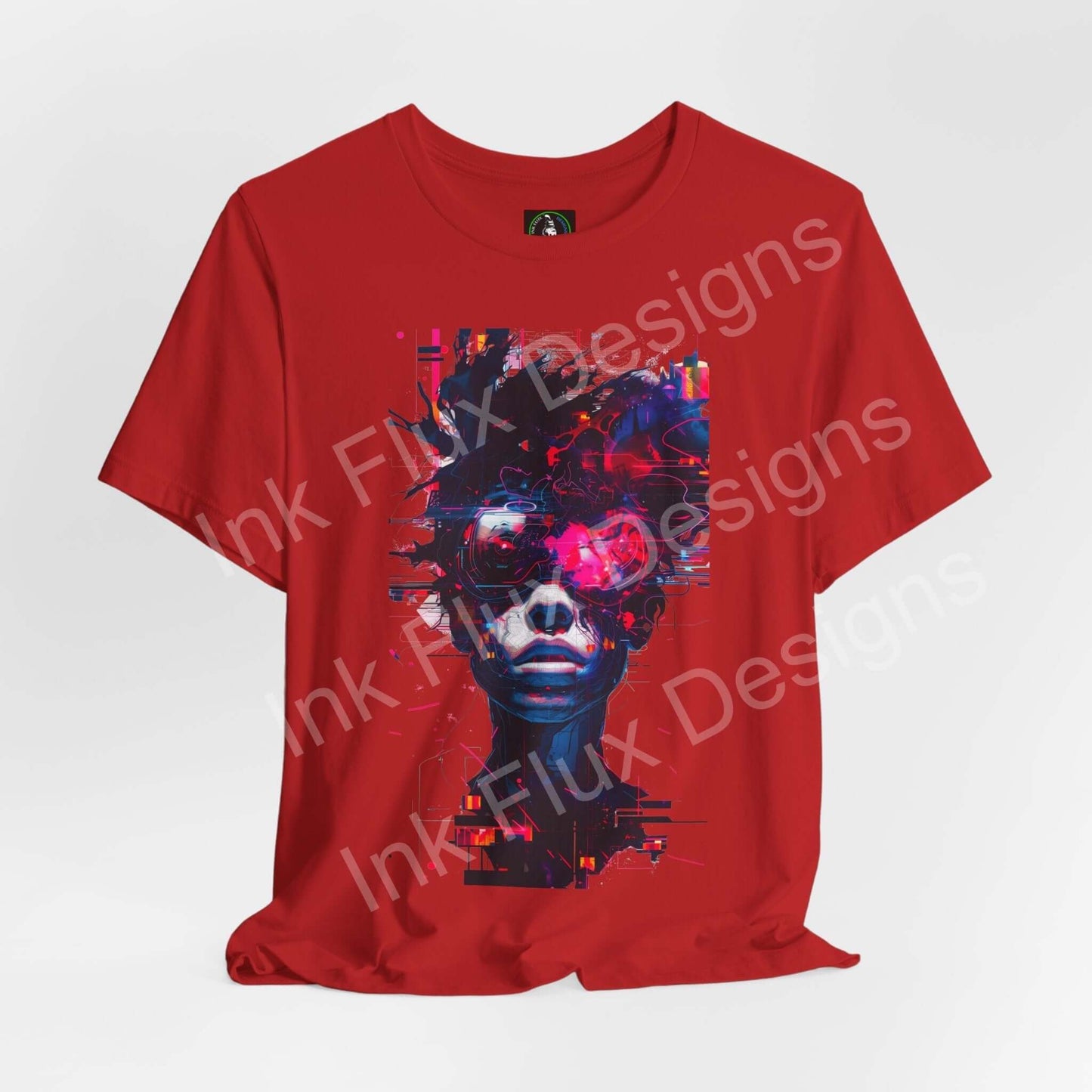 Cyberpunk T-Shirt featuring a glitch graphic of a futuristic portrait with neon colors.