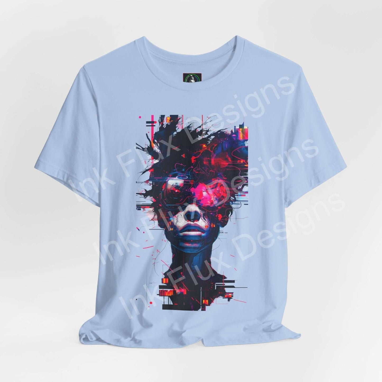 Cyberpunk T-Shirt featuring vibrant glitch art design with neon colors and a futuristic portrait.