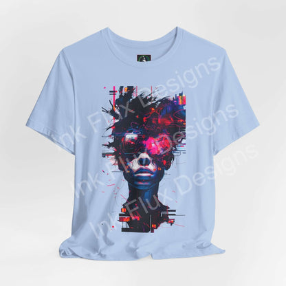 Cyberpunk T-Shirt featuring vibrant glitch art design with neon colors and a futuristic portrait.