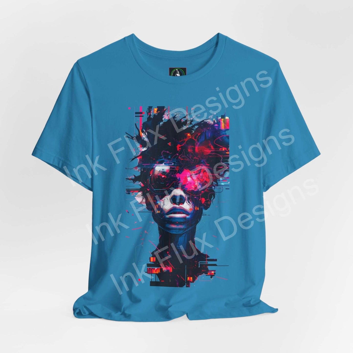 Cyberpunk T-Shirt featuring a futuristic glitch graphic of a human portrait with neon colors and digital effects.