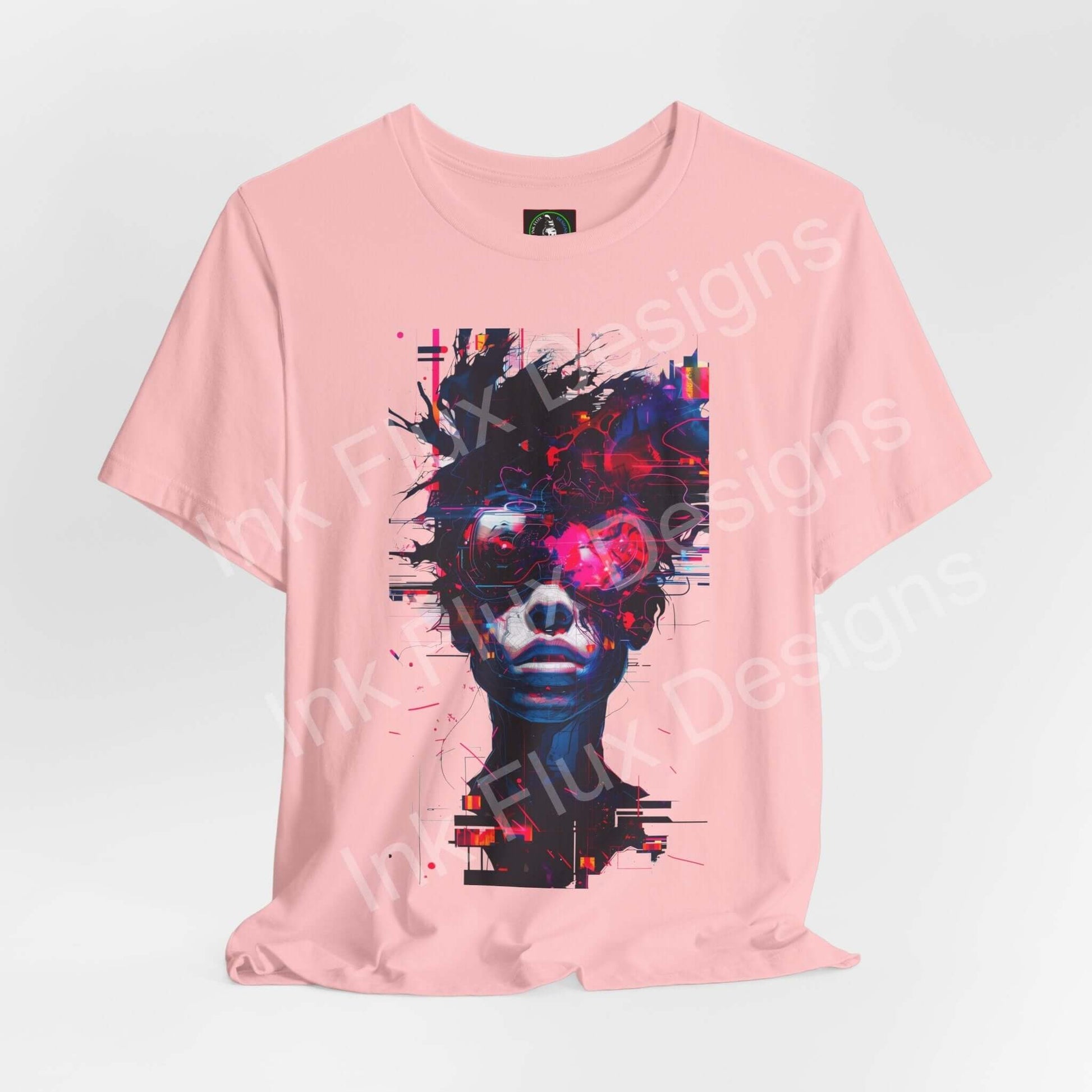 Cyberpunk T-Shirt featuring a glitch graphic design of a futuristic face in vibrant neon tones.