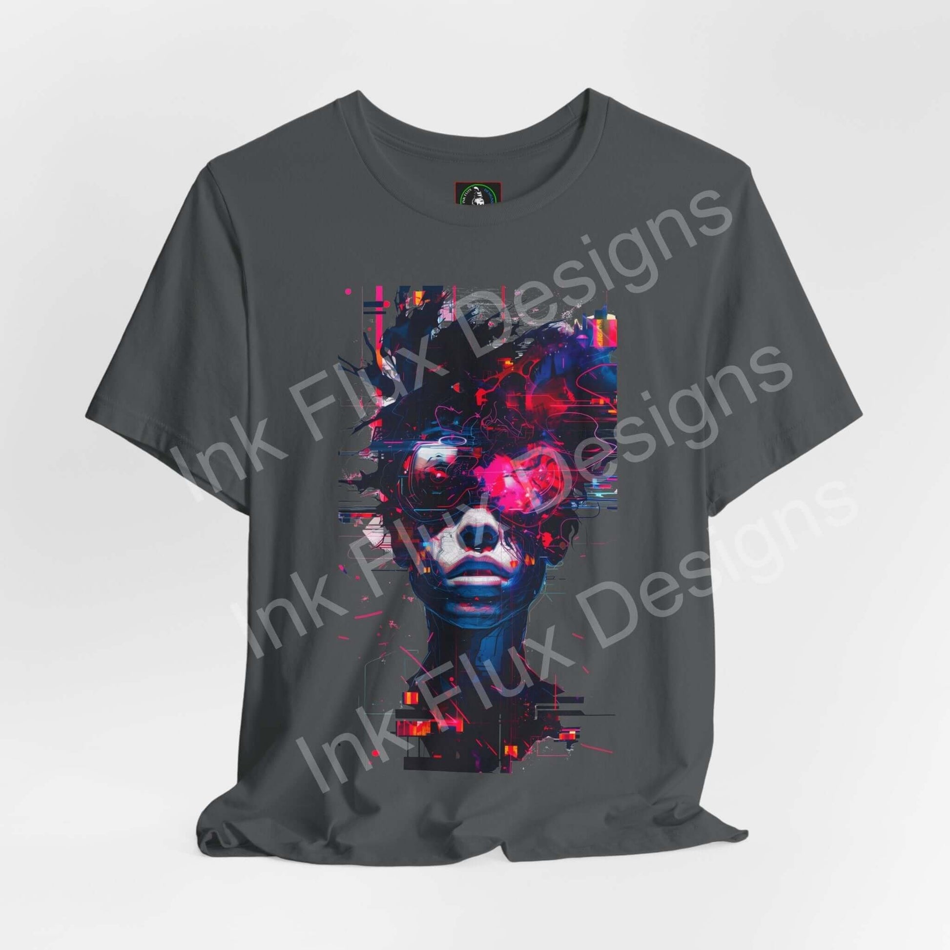 Cyberpunk T-Shirt with futuristic glitch graphic design featuring a digital portrait in neon colors.
