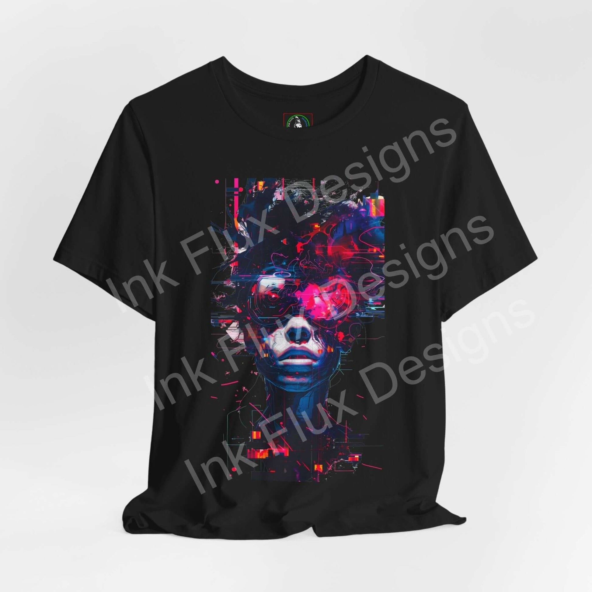Cyberpunk T-Shirt featuring a futuristic portrait with glitch effects and neon colors on a black tee.