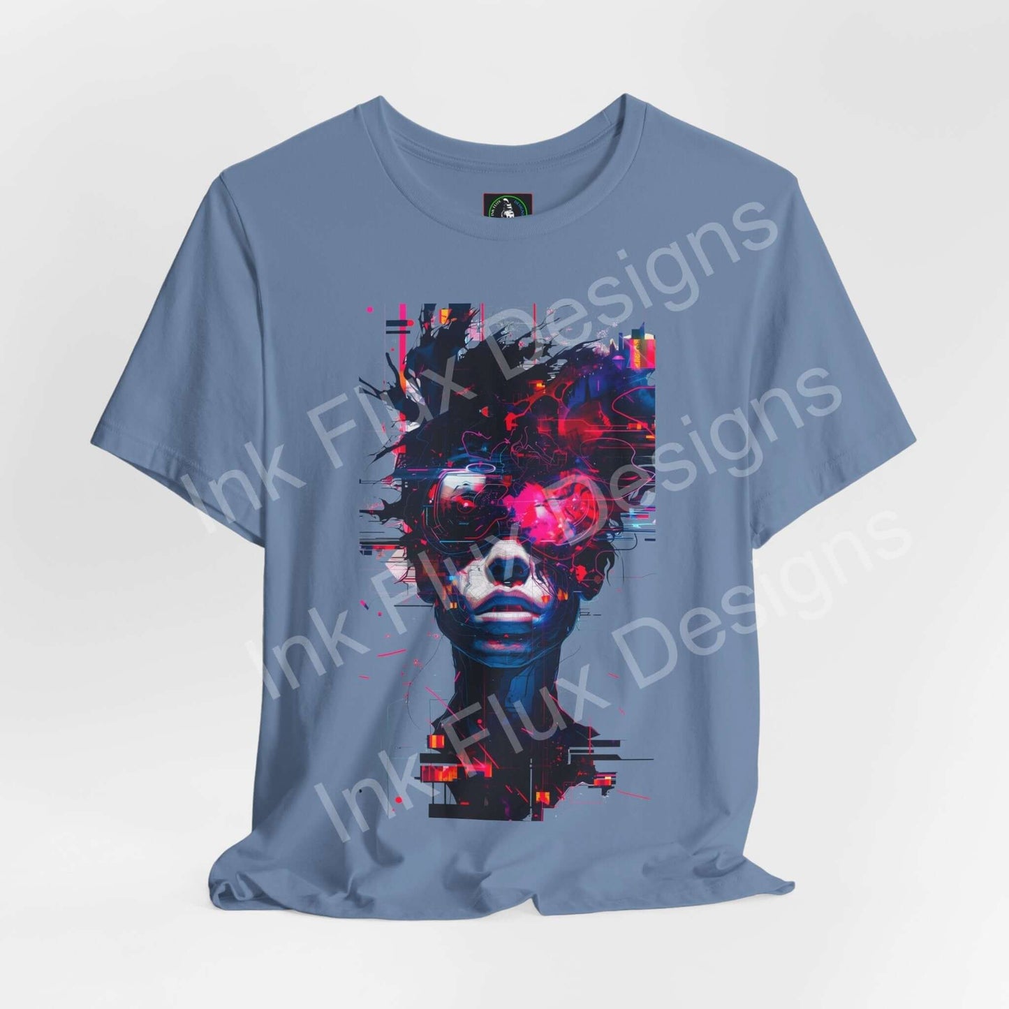 Cyberpunk T-Shirt featuring Signal Override graphic with glitch effects and vibrant neon colors.