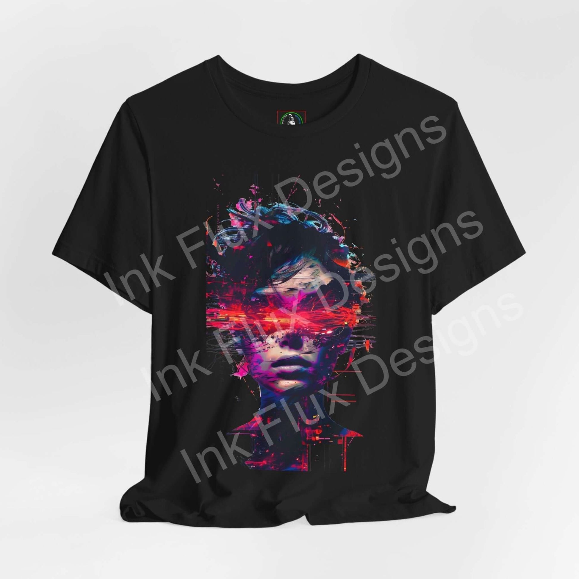 Cyberpunk T-Shirt featuring a futuristic portrait with glitch effects and neon colors on a black background.