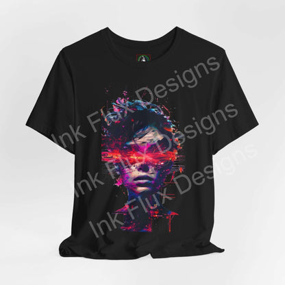 Cyberpunk T-Shirt featuring a futuristic portrait with glitch effects and neon colors on a black background.