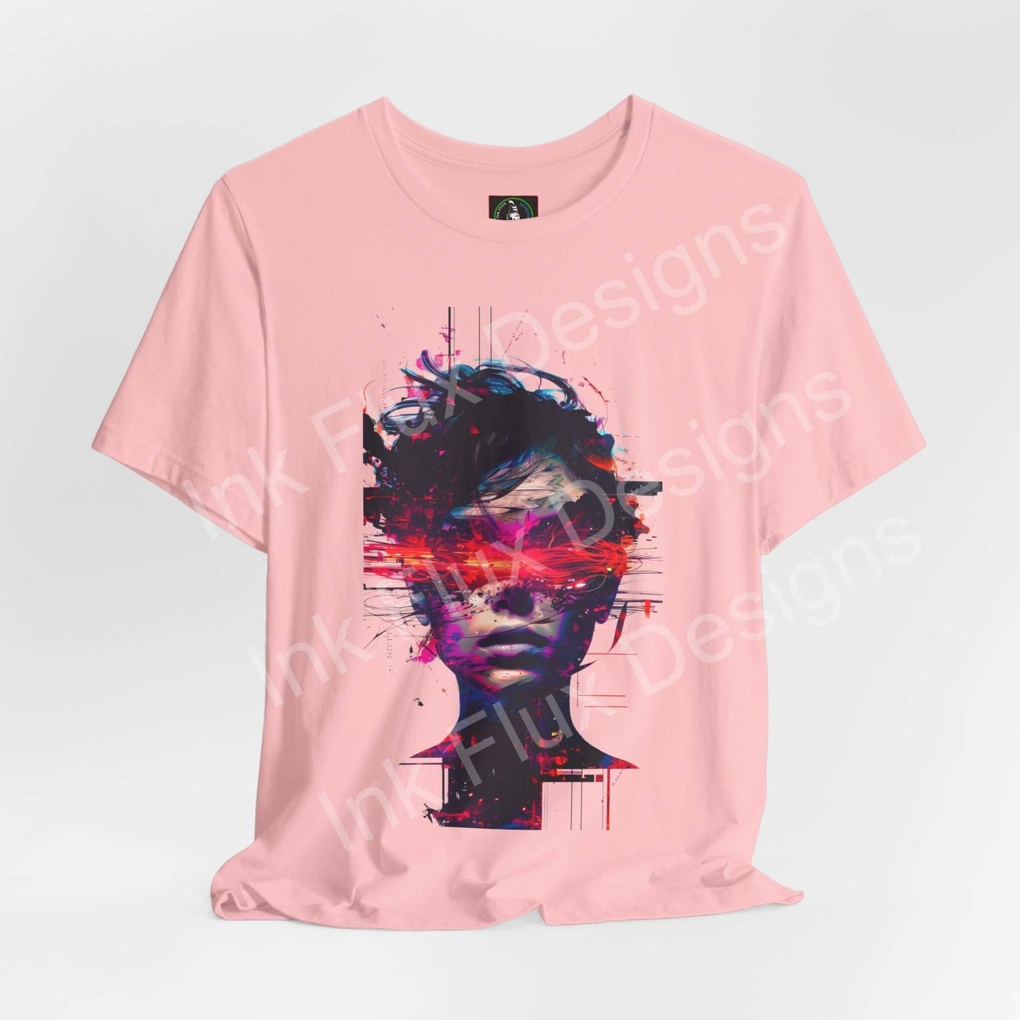 Cyberpunk T-Shirt - Identity Glitch - Futuristic Distortion Graphic Tee featuring glitch art portrait on a pink shirt.