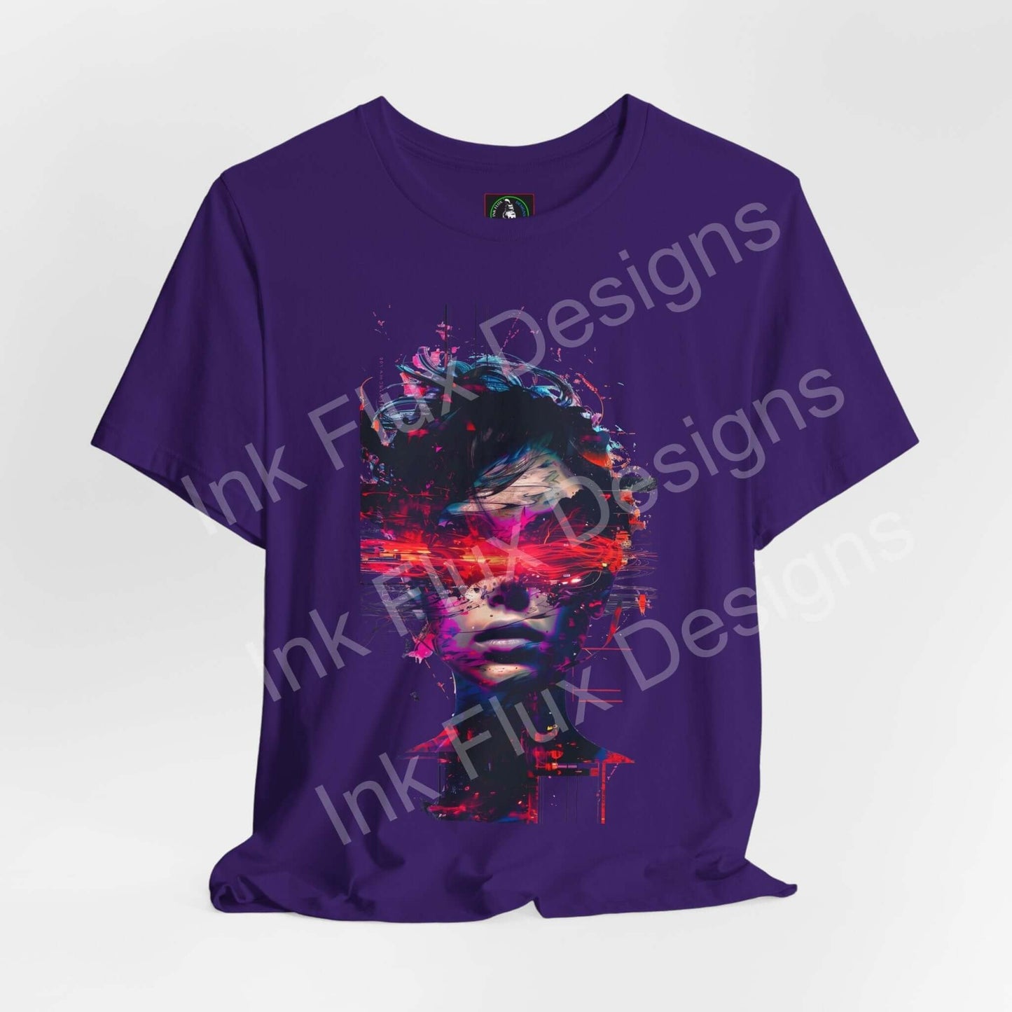 Cyberpunk T-Shirt featuring a futuristic distortion graphic of a face with glitch effects on a purple tee.