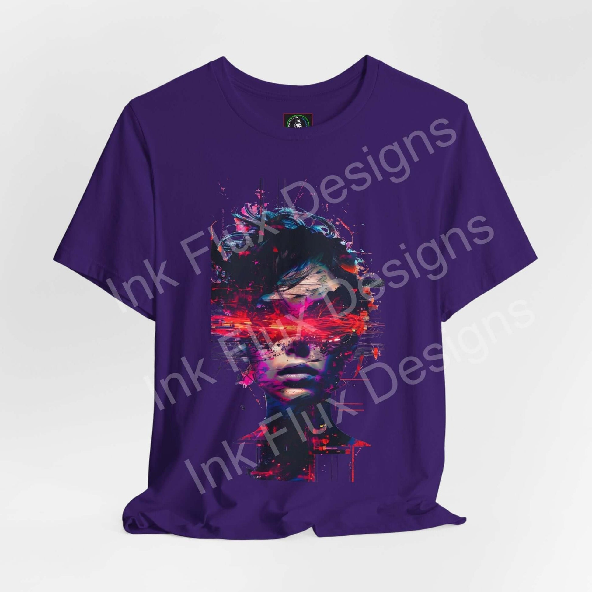 Cyberpunk T-Shirt featuring a futuristic distortion graphic of a face with glitch effects on a purple tee.