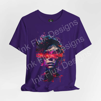 Cyberpunk T-Shirt featuring a futuristic distortion graphic of a face with glitch effects on a purple tee.