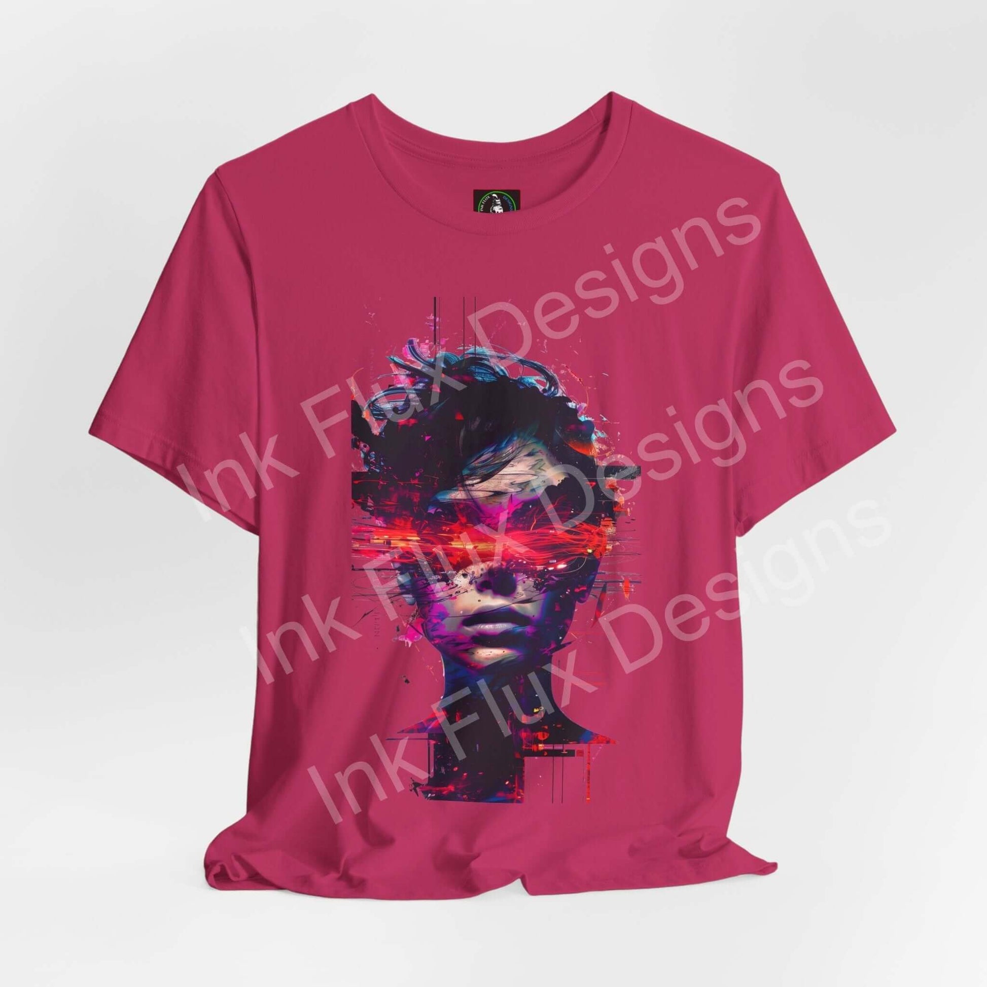 Cyberpunk T-Shirt featuring Identity Glitch design with futuristic portrait and glitch effects on a pink shirt.