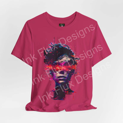 Cyberpunk T-Shirt featuring Identity Glitch design with futuristic portrait and glitch effects on a pink shirt.