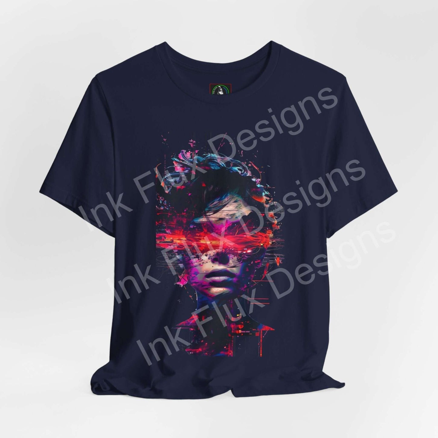 Cyberpunk T-Shirt featuring a futuristic portrait with glitch effects and neon colors.
