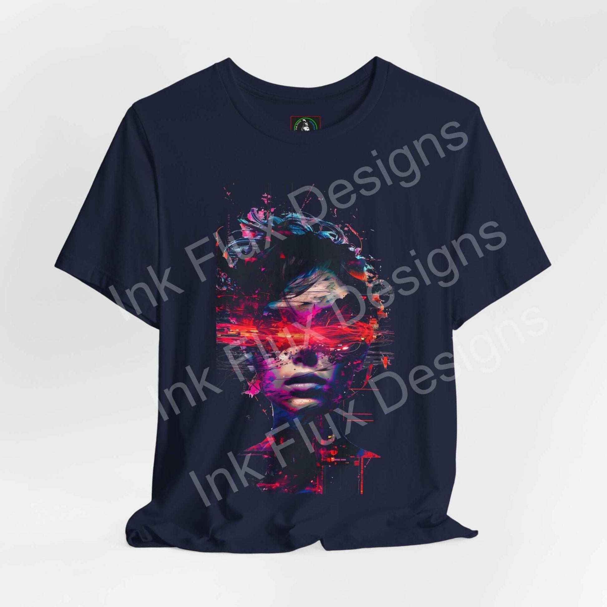 Cyberpunk T-Shirt featuring a futuristic portrait with glitch effects and neon colors.