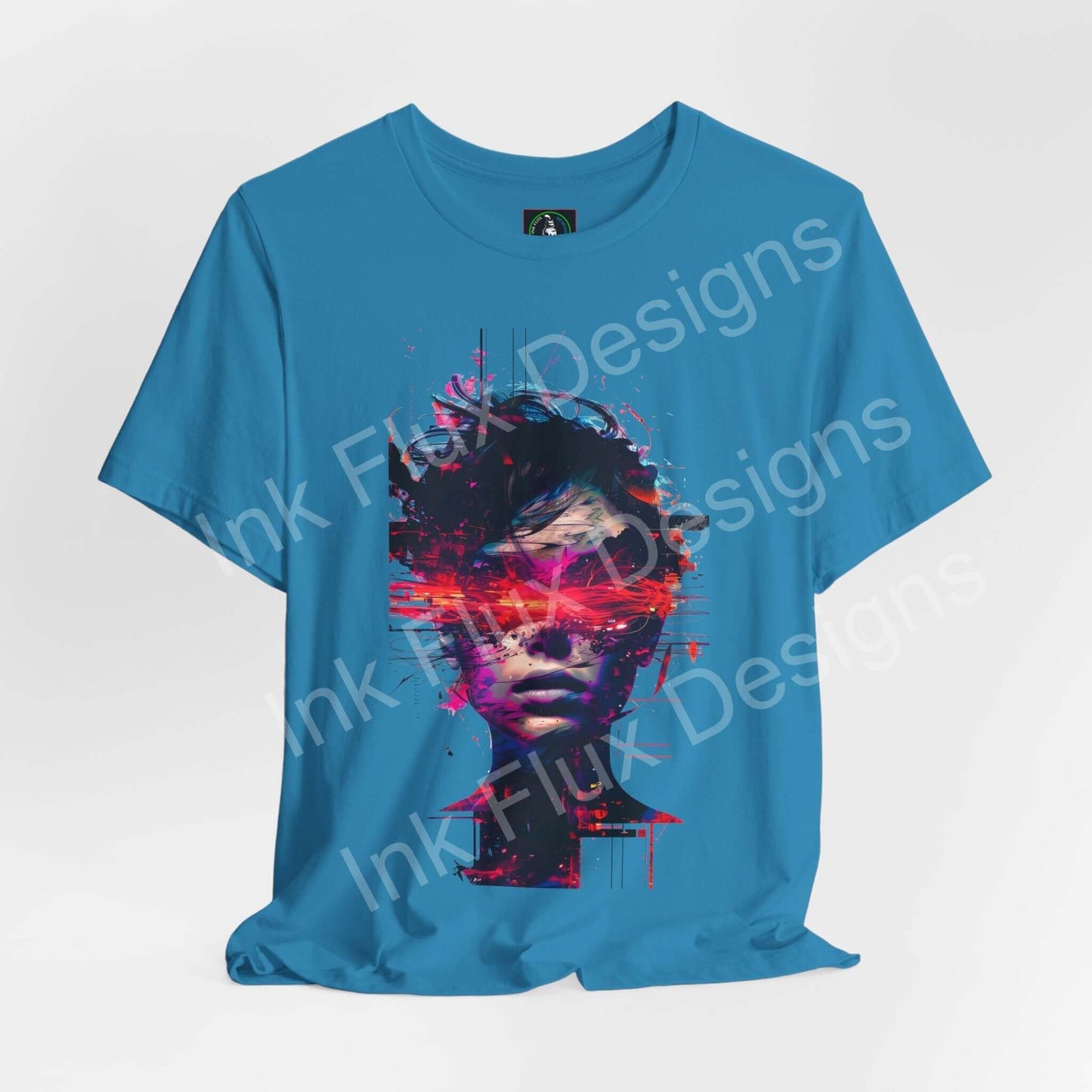 Cyberpunk T-Shirt featuring a futuristic distortion graphic of a fragmented face in vibrant colors.