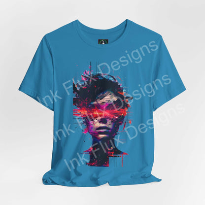Cyberpunk T-Shirt featuring a futuristic distortion graphic of a fragmented face in vibrant colors.