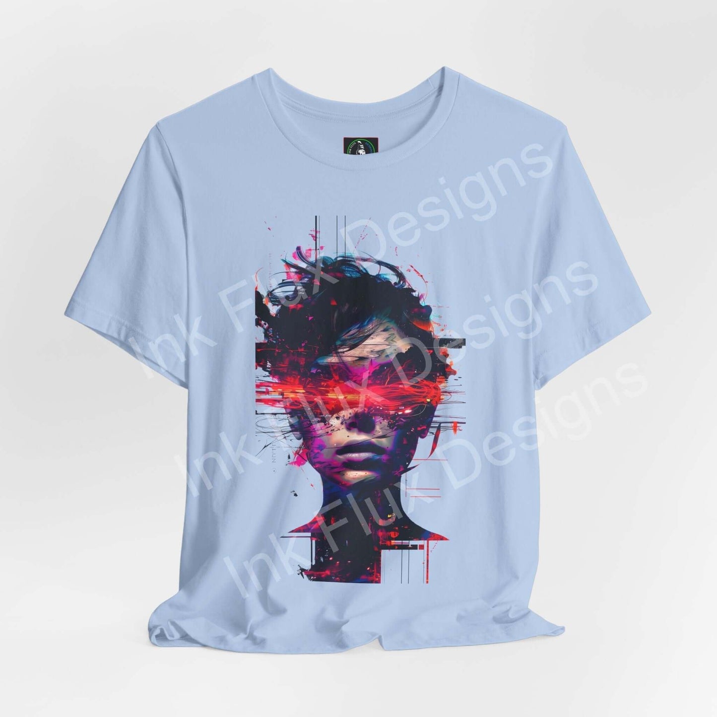 Cyberpunk T-Shirt featuring Identity Glitch design with glitch effects and neon colors on a light blue fabric.