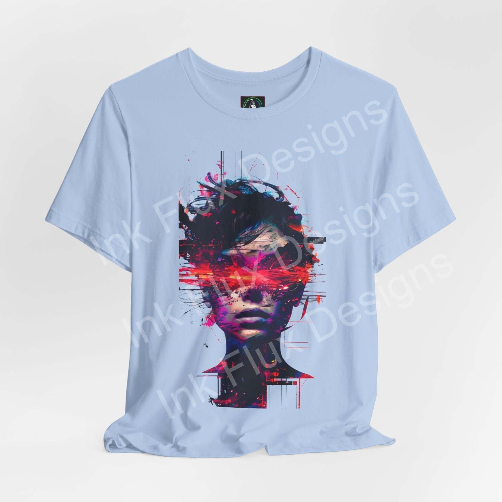 Cyberpunk T-Shirt featuring Identity Glitch design with glitch effects and neon colors on a light blue fabric.