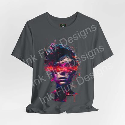 Cyberpunk T-Shirt featuring a futuristic portrait with glitch effects and neon overlays on a gray tee.
