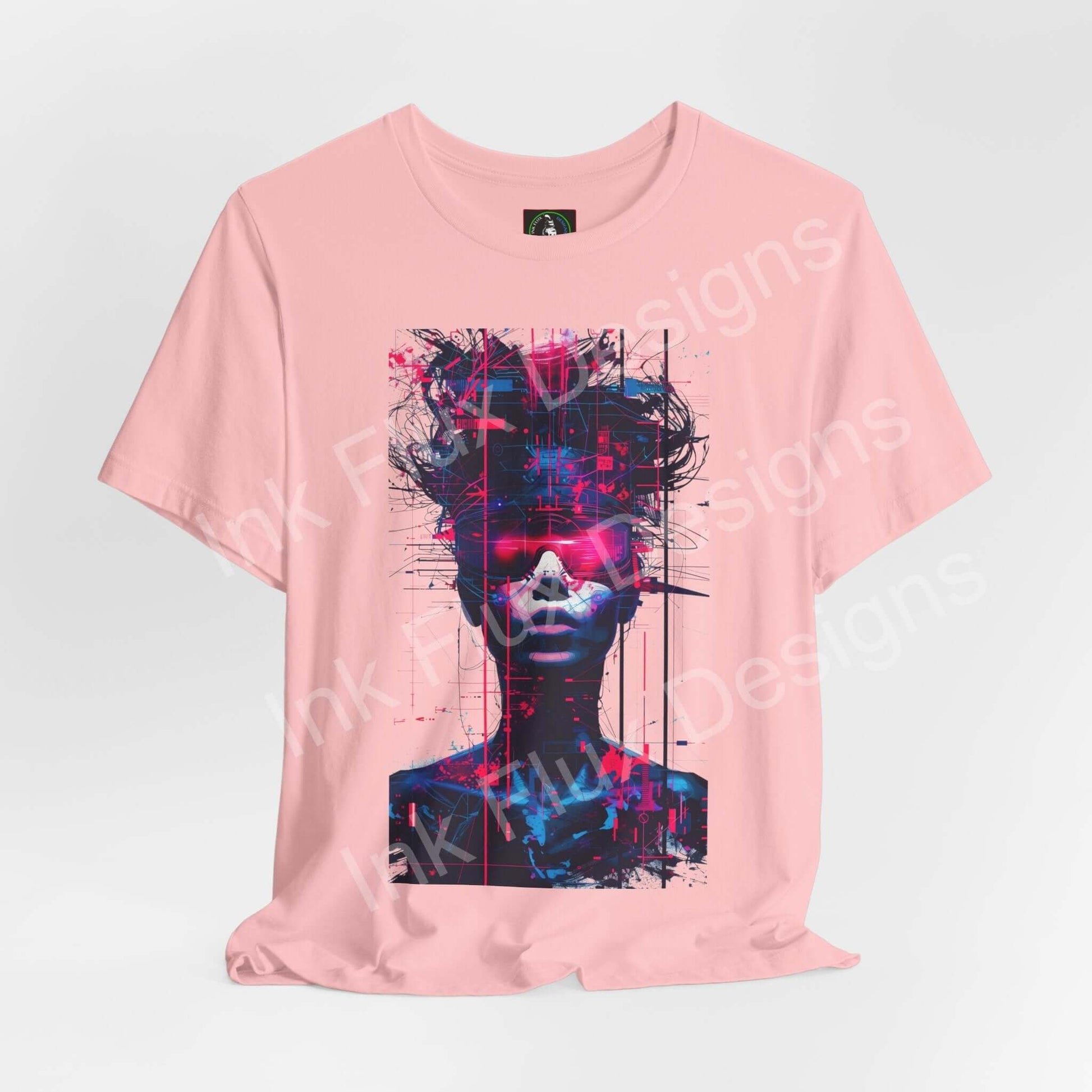 Cyberpunk T-Shirt featuring a futuristic neon portrait graphic on a pink background.