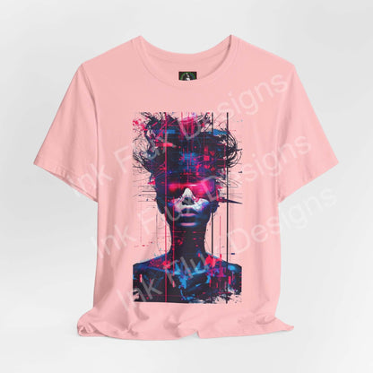 Cyberpunk T-Shirt featuring a futuristic neon portrait graphic on a pink background.