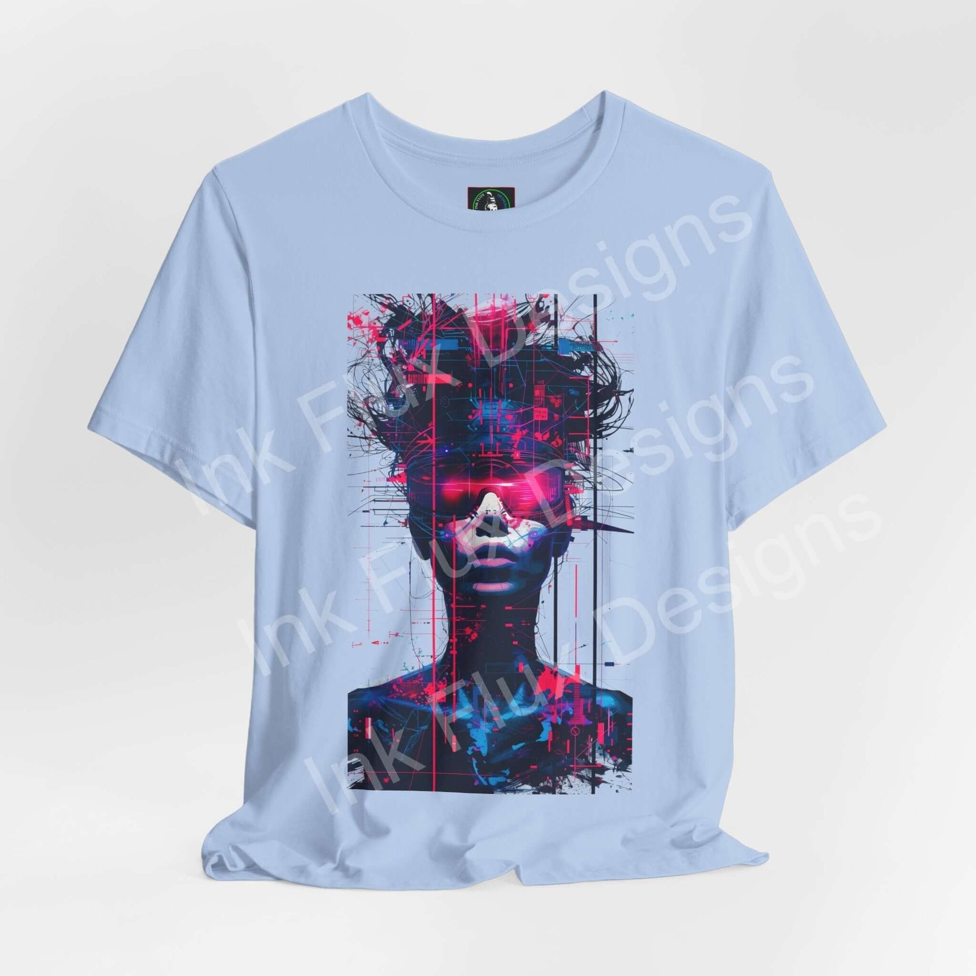 Cyberpunk T-Shirt featuring a neon signal futuristic portrait graphic design on a light blue background.