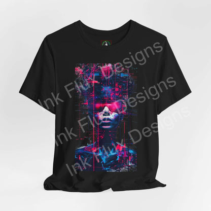 Cyberpunk T-Shirt featuring a futuristic neon portrait in vibrant colors on a black tee.