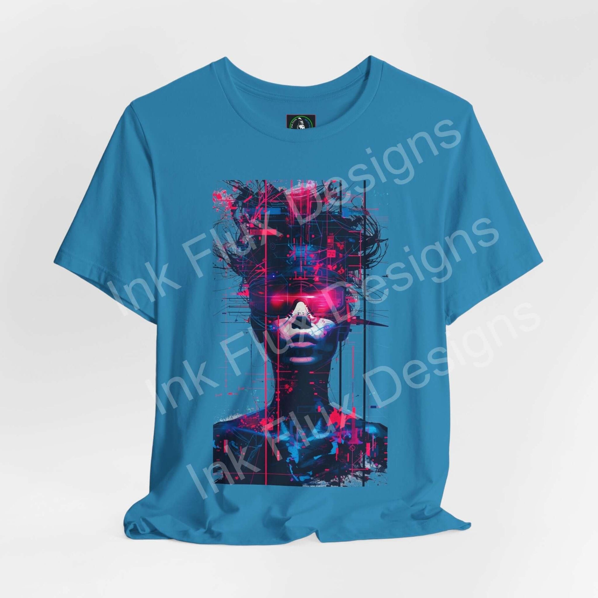 Cyberpunk T-Shirt featuring a vibrant neon portrait graphic design on a blue tee.