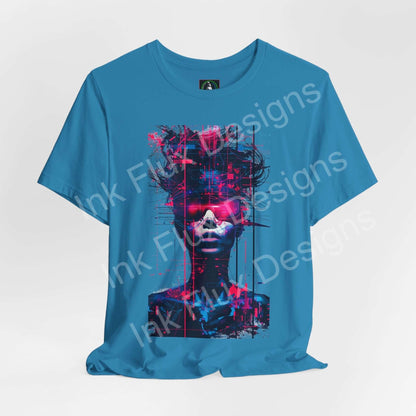 Cyberpunk T-Shirt featuring a vibrant neon portrait graphic design on a blue tee.