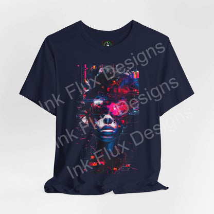 Cyberpunk T-Shirt featuring a glitch graphic of a futuristic portrait with neon colors and digital interference.