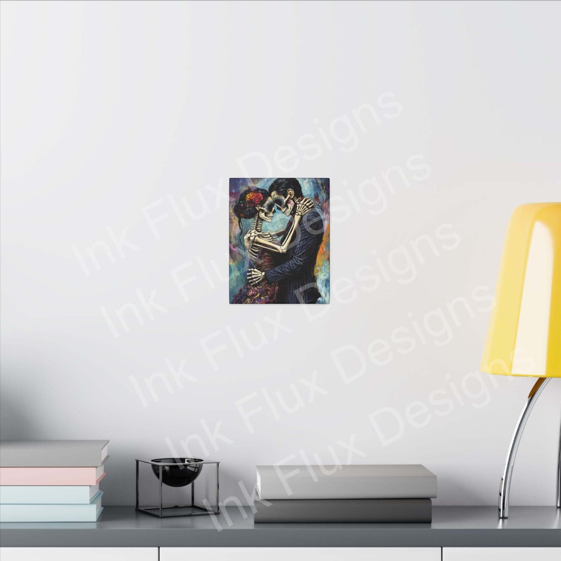 Day of the Dead couple portrait on matte canvas by Ink Flux Designs, showcasing vibrant colors and texture.