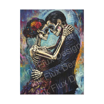 Day of the Dead couple portrait on matte canvas, featuring vibrant colors and intricate skeleton details by Ink Flux Designs.
