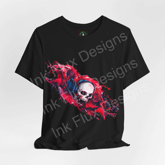 Black unisex T-shirt by Ink Flux Designs featuring a vibrant skull graphic, showcasing comfort and style.