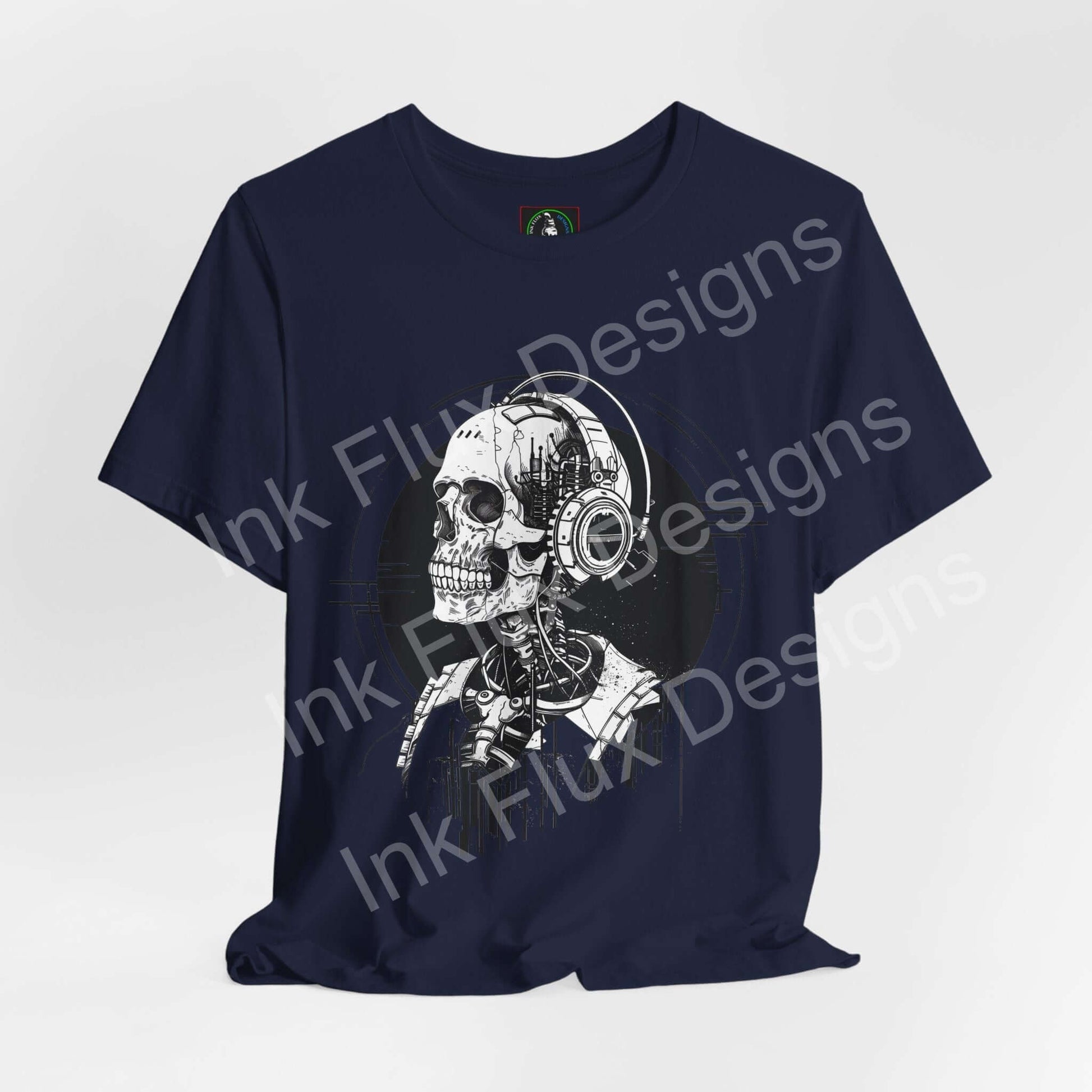 Navy T-shirt featuring a skull with headphones design by Ink Flux Designs, made from soft Airlume cotton.