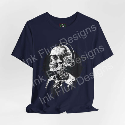 Navy T-shirt featuring a skull with headphones design by Ink Flux Designs, made from soft Airlume cotton.
