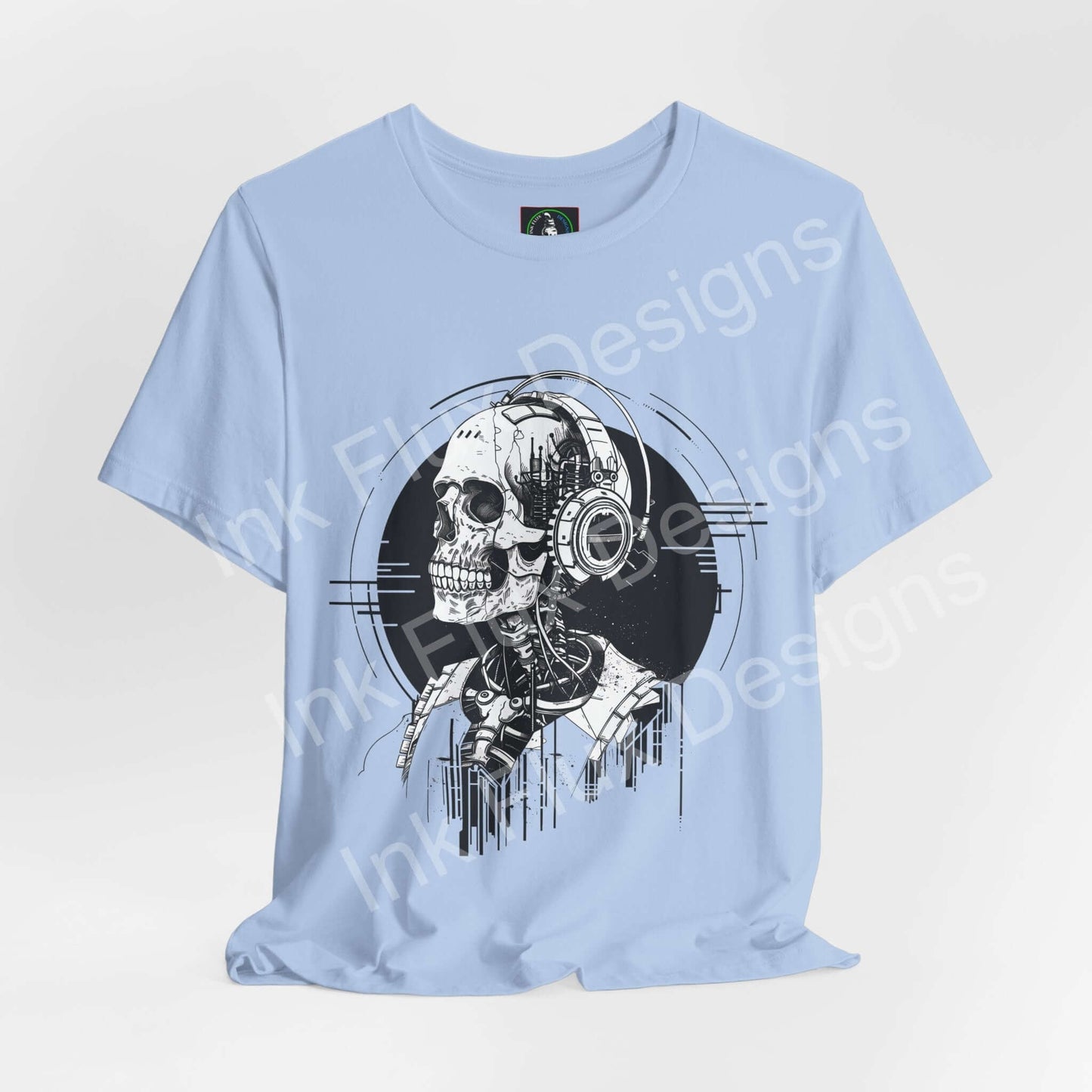 Dead Frequency II unisex T-shirt by Ink Flux Designs with skull and headphones graphic on a light blue background.